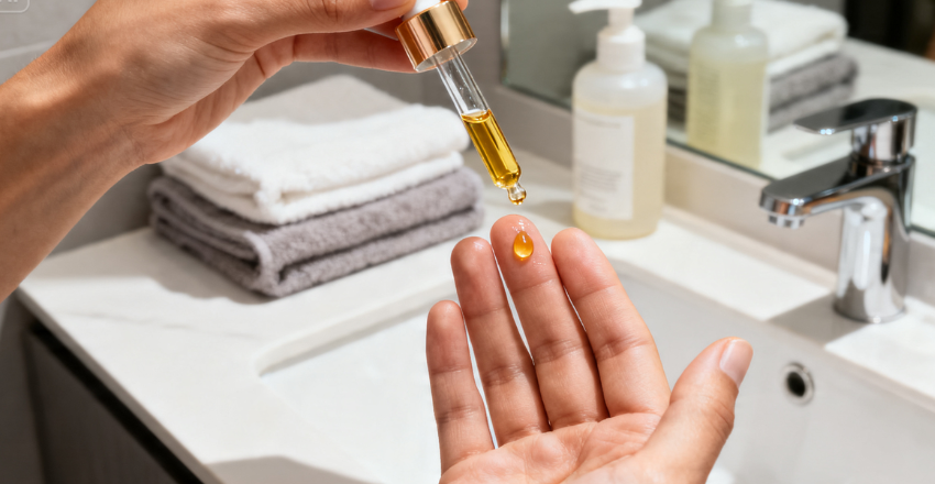 Woman patting a few drops of diluted facial oil onto damp cheeks as the final step of a nighttime routine