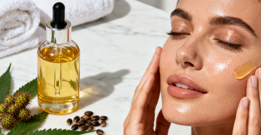 Flat lay of a nighttime skincare routine with a gentle cleanser, hyaluronic acid serum, ceramide cream and a bottle of castor oil